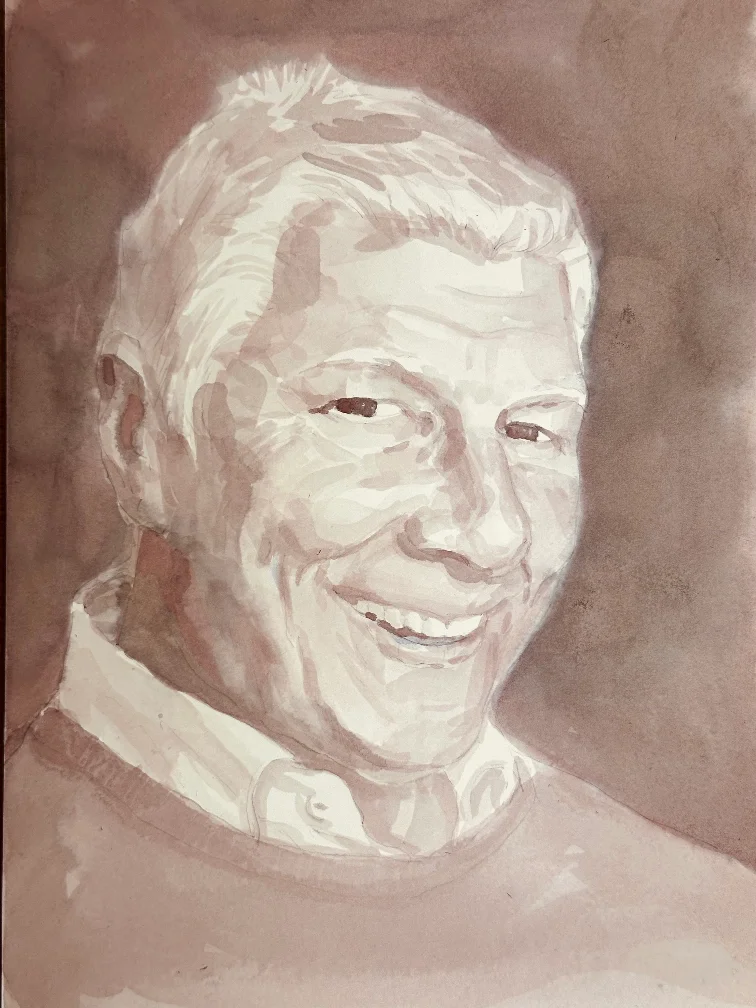 Close-up detail of a wine portrait in progress, showing layered red wine brushwork